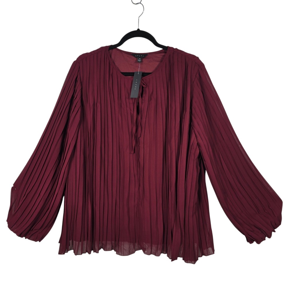 Adiva Burgundy Pleated Chiffon Tie Neck Long Sleeve Blouse Top 1X Lined NWT